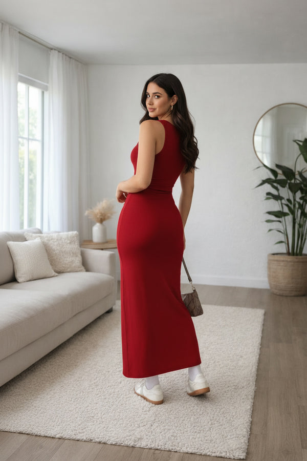 Red Sleeveless Bodycon Slit Maxi Dress for Women