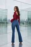 Wine Red Ruched Crop Top with Flared Sleeves