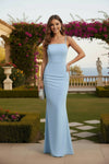 Sky Blue Square Neck Bodycon Maxi Dress – Elegant Evening Gown