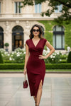 Wine Red V-Neck Body-Fit Midi Dress for Women - GARMENT2FASHION