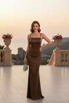 Espresso Brown Satin Ruched Mermaid Evening Gown