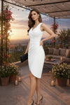 Elegant White V-Neck Wrap-Style Bodycon Mini Dress