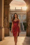 Glossy Satin Cowl Neck Ruched Red Mini Dress with Side Slit