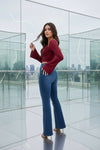 Wine Red Ruched Crop Top with Flared Sleeves