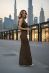 Chocolate Brown One-Shoulder Bodycon Maxi Dress – Elegant Evening Gown