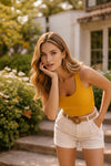 Mustard Yellow Ribbed Sleeveless Tank Top – Slim Fit Casual Summer Basic