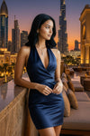 Navy Blue Halter-Neck Satin Bodycon Mini Dress - GARMENT2FASHION