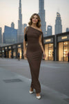 Chocolate Brown One-Shoulder Bodycon Maxi Dress – Elegant Evening Gown