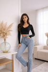Black V-Neck Full Sleeve Fitted Crop Top
