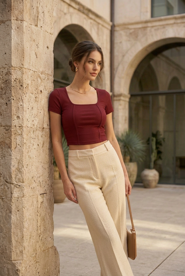 Red Square Neck Ribbed Fitted Crop Top