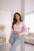 Baby Pink V-Neck Full Sleeve Crop Top – Slim Fit Ribbed Casual Top