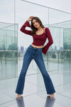 Wine Red Ruched Crop Top with Flared Sleeves