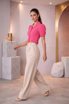 Bright Pink Puff Sleeve Collared Crop Top
