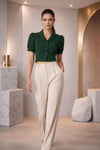 Emerald Green Puff Sleeve Collared Crop Top | Tailored Button-Down