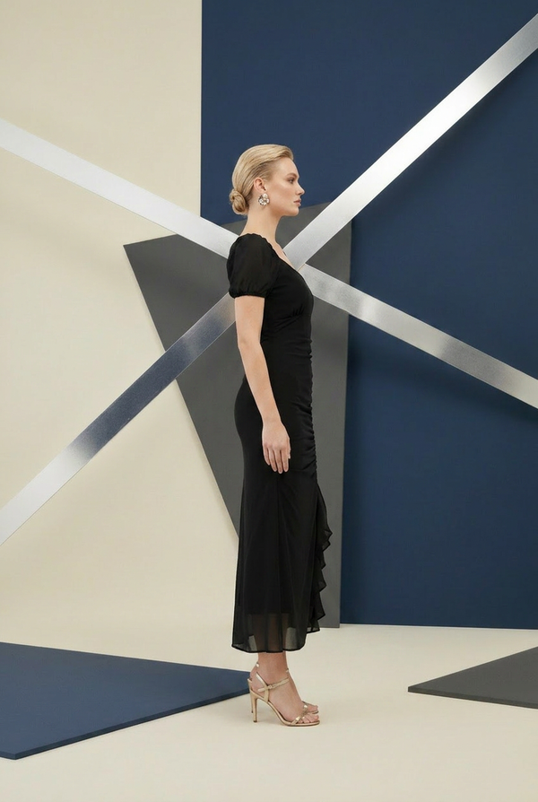 Black Ruched Ruffle Hem Midi Dress