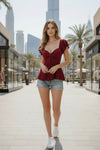 Wine Red Sweetheart Neck Ruched Peplum Top for Women