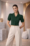 Emerald Green Puff Sleeve Collared Crop Top | Tailored Button-Down