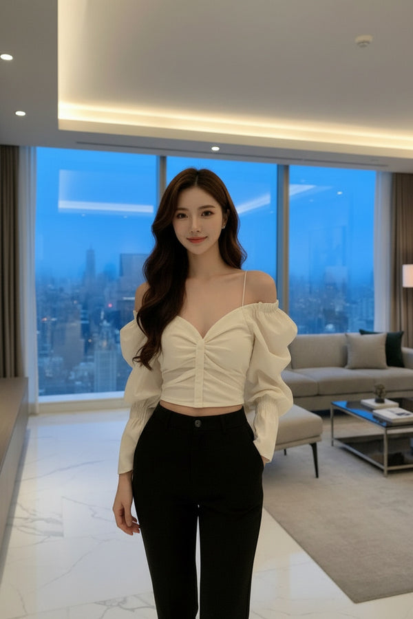 Off-White Sweetheart Neckline Puff Sleeve Crop Top - GARMENT2FASHION