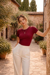Deep Maroon Short Sleeve Ribbed Crew Neck T-shirt