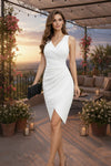 Elegant White V-Neck Wrap-Style Bodycon Mini Dress