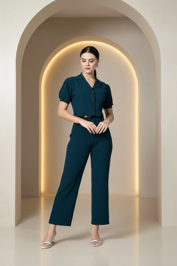 Teal Blue Solid Women’s Co-ord Set for Casual Wear - GARMENT2FASHION