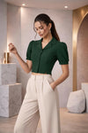 Emerald Green Puff Sleeve Collared Crop Top | Tailored Button-Down