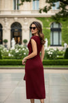 Wine Red V-Neck Body-Fit Midi Dress for Women - GARMENT2FASHION