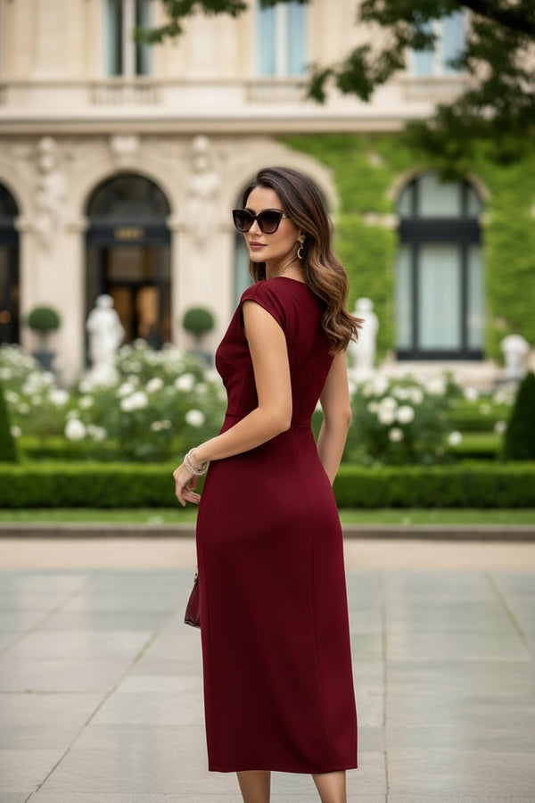 Wine Red V-Neck Body-Fit Midi Dress for Women - GARMENT2FASHION