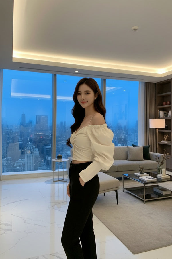 Off-White Sweetheart Neckline Puff Sleeve Crop Top - GARMENT2FASHION