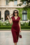 Wine Red V-Neck Body-Fit Midi Dress for Women - GARMENT2FASHION