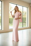Blush Pink One-Shoulder Draped Evening Gown – Elegant Bodycon Maxi Dress