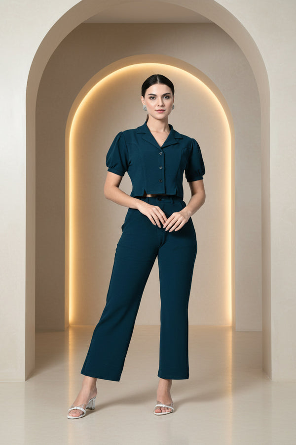 Teal Blue Solid Women’s Co-ord Set for Casual Wear - GARMENT2FASHION