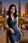 Navy Blue Halter-Neck Satin Bodycon Mini Dress - GARMENT2FASHION