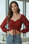 Red Sweetheart Ruched Front Tie-Up Crop Top - GARMENT2FASHION