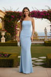 Sky Blue Square Neck Bodycon Maxi Dress – Elegant Evening Gown