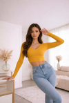Mustard Yellow V-Neck Long Sleeve Crop Top – Slim Fit Casual Essential