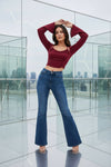 Wine Red Ruched Crop Top with Flared Sleeves