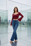 Wine Red Ruched Crop Top with Flared Sleeves