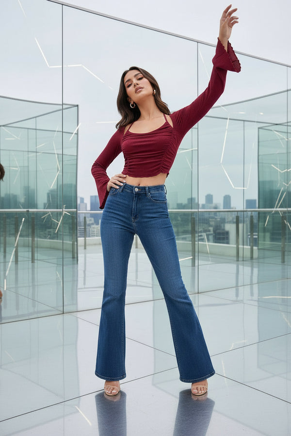 Wine Red Ruched Crop Top with Flared Sleeves