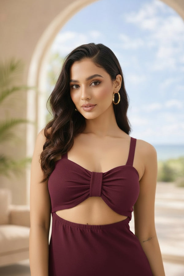 Wine Berry Cut-Out Ruched Bodycon Midi Dress