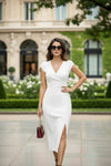 White Cap Sleeve Wrap Neck Midi Dress