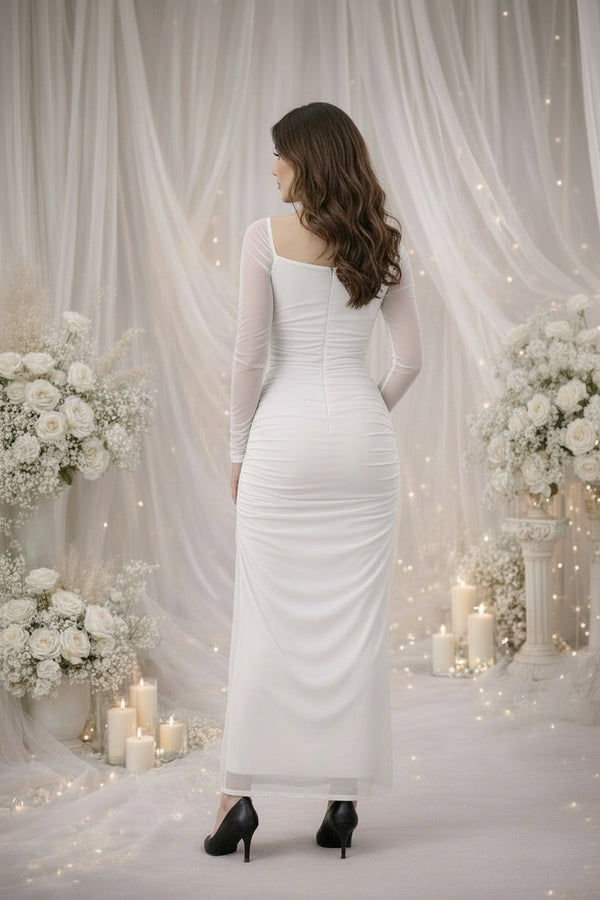 White Ruched Square Neck Maxi Dress