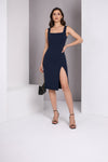 Navy Blue Square Neck Thigh-Slit Midi Dress