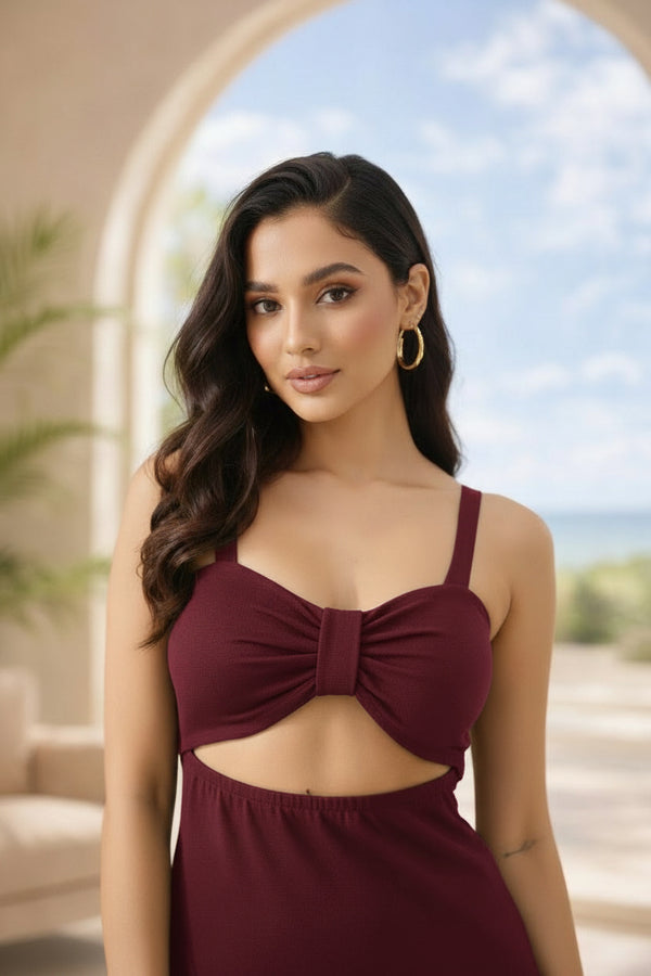 Wine Cut-Out Ruched Bodycon Midi Dress