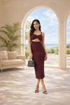 Wine Cut-Out Ruched Bodycon Midi Dress
