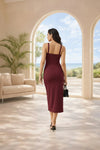 Wine Cut-Out Ruched Bodycon Midi Dress