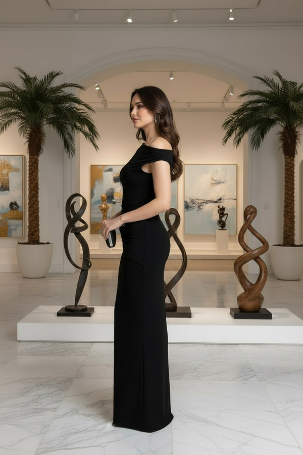 Women’s Black One-Shoulder Ruched Maxi Dress – Elegant Evening & Party Gown