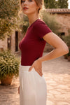 Deep Maroon Short Sleeve Ribbed Crew Neck T-shirt