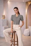 Steel Gray Puff Sleeve Collared Crop Top with Button-Down Detail