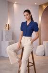 Navy Blue Puff Sleeve Collared Crop Top with Button-Down Detail